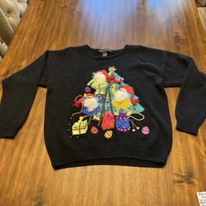 Vintage 80s Ugly Christmas Sweater Black 3D Elves Tree Sz L Holiday Grandmacore